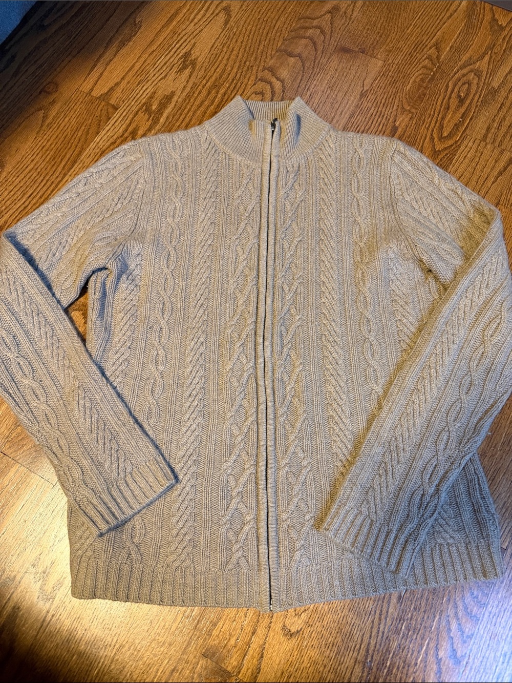 pure Cashmere Zip-Front Cable Knit Sweater - Light tan - size XL